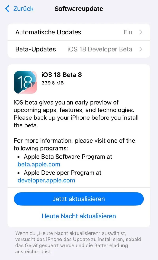 新巴尔虎右苹果手机维修分享苹果 iOS / iPadOS 18 开发者预览版 Beta 8 发布 